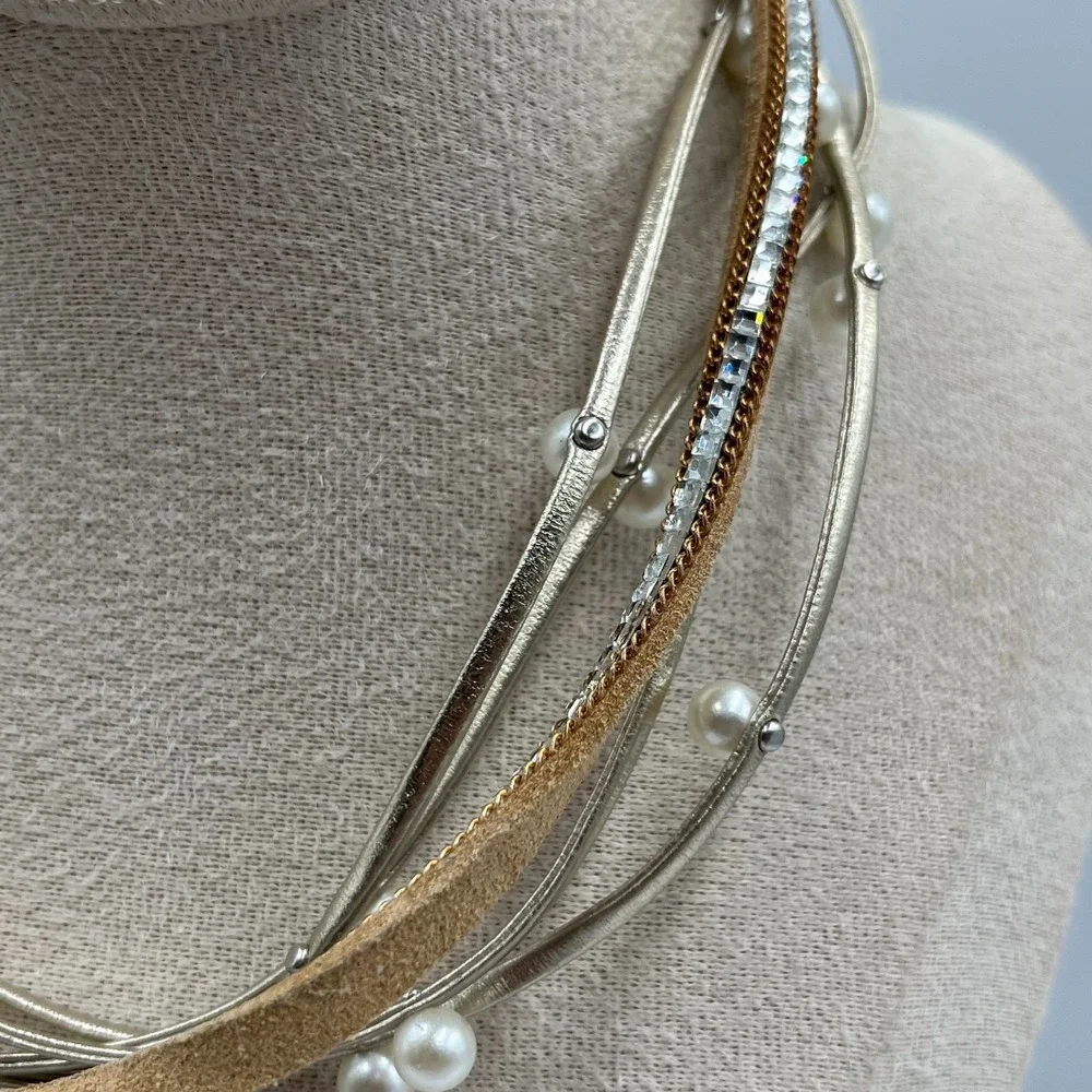Vintage Multi-Strand Pearl Crystal Choker Necklace Magnetic Clasp Statement Boho